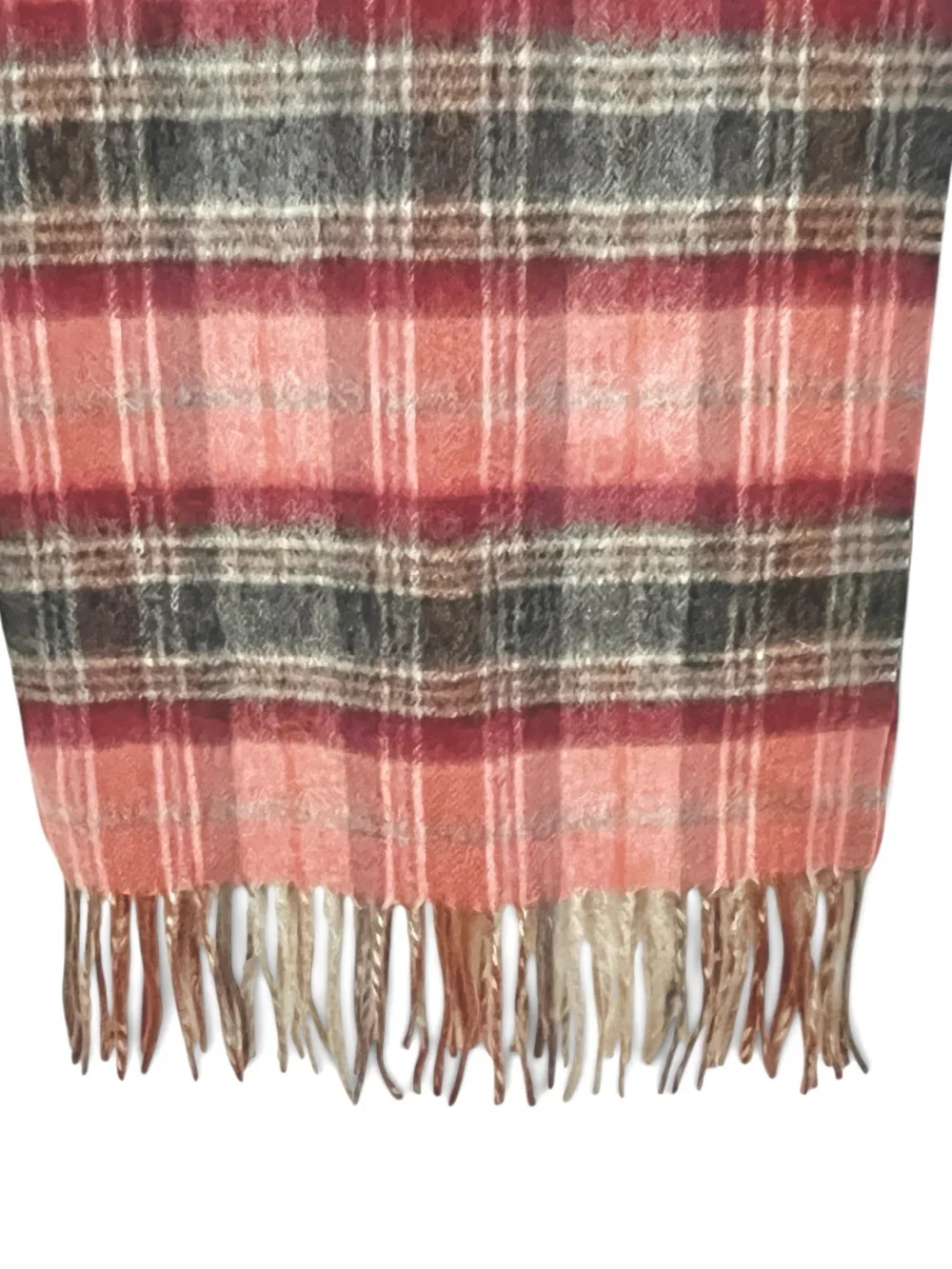 Joseph Abboud Wool Cashmere Scarf Plaid Red Gray Fringe Winter 54 x 11 Unisex